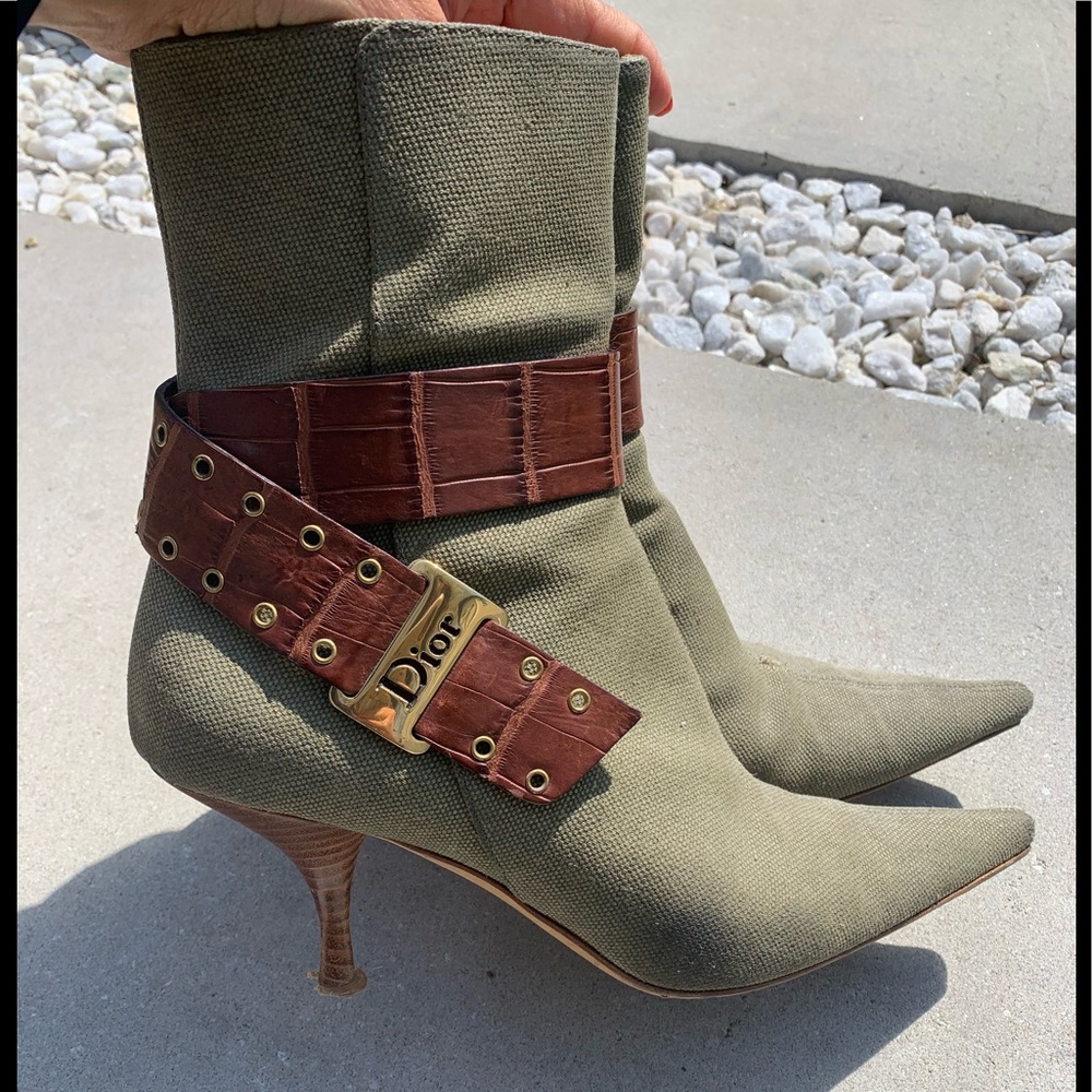 Dior Women's Green Ankle Boots with Brown Strap